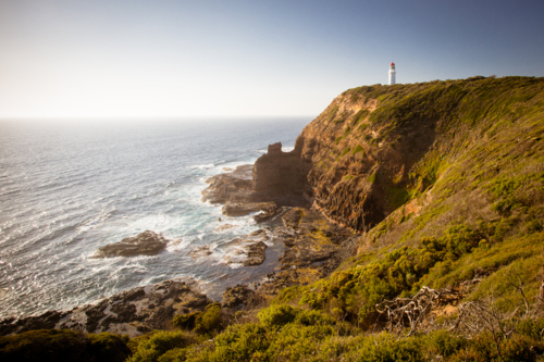 Cape Schanck Lighthouse at sunset in Mornington Peninsula, Victoria, Australia - Australian Stock Image