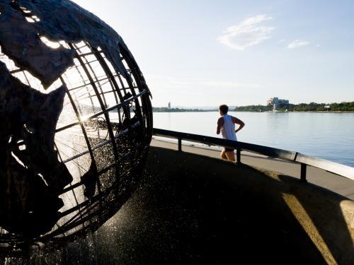 Captain Cook Memorial Globe with runner and Lake Burley Griffin