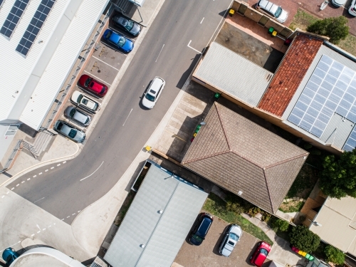 Car park beside shopping center in town - Australian Stock Image