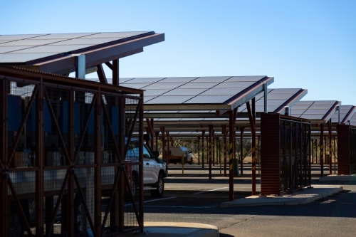 Carpark with shade cover and rooftop solar panel installation - Australian Stock Image