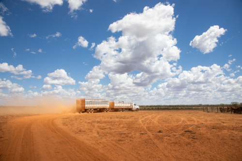 Cattle truck raising dust as it leaves the yards - Australian Stock Image