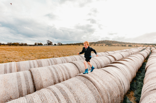 Child running along row of round hay bales on the farm - Australian Stock Image