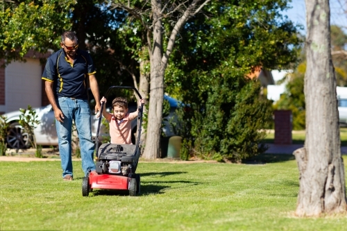 child trying to push lawnmower watched by father - Australian Stock Image