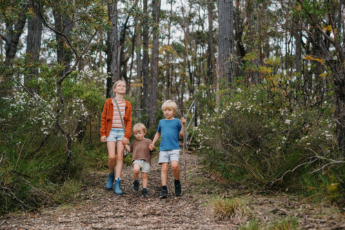Children exploring Australian Bushland walking down trail together - Australian Stock Image