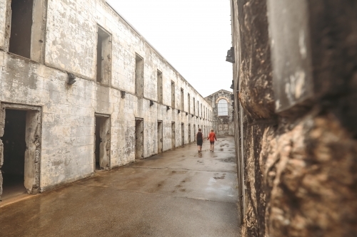 Children exploring the ruins of Trial Bay Gaol at Arakoon, NSW Australia - Australian Stock Image