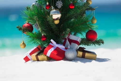 Christmas tree on beach in summer - Australian Stock Image