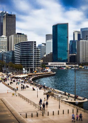 City foreshore scene with skyscraper background