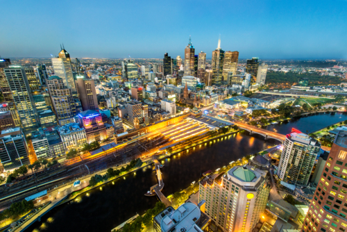 City lights over Melbourne with Yarra River reflections - Australian Stock Image
