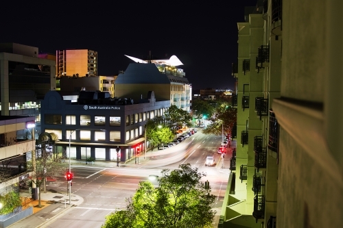 City street at night with rooftop bar - Australian Stock Image