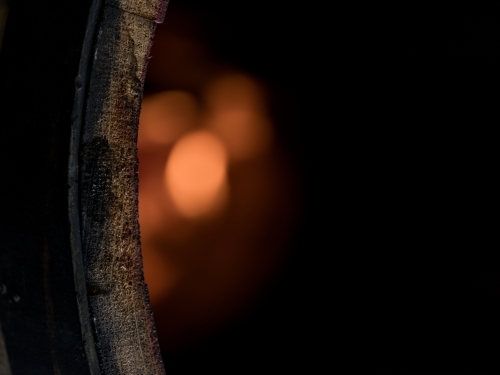 Close-up of a charred whisky barrel rim - Australian Stock Image