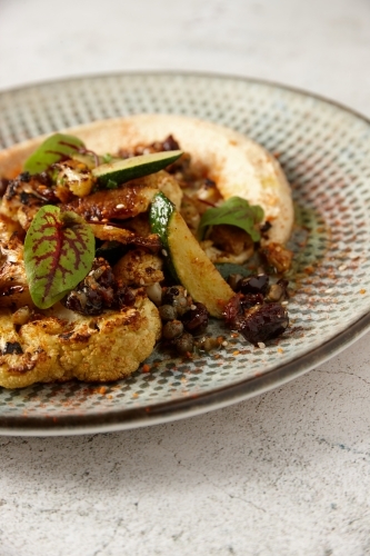 Close up of a plate of Mediterranean food - vegetables with hummus - Australian Stock Image