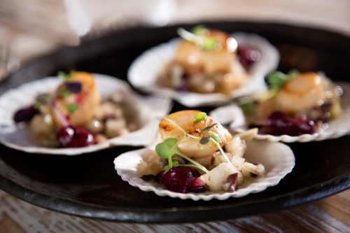Close up of cooked scallops with detailed presentation - Australian Stock Image