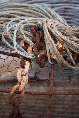 close up of cray pot, rope and chain - Australian Stock Image