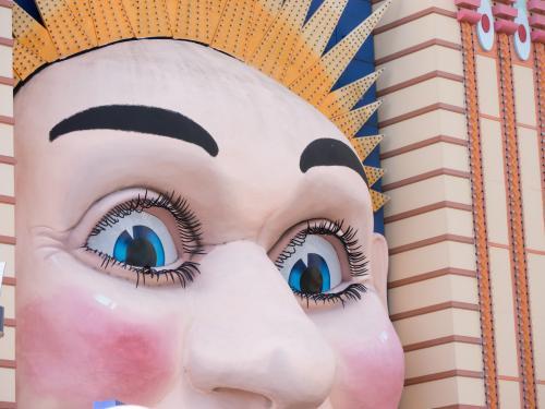 Close up of eyes and nose on the face of Luna Park entrance
