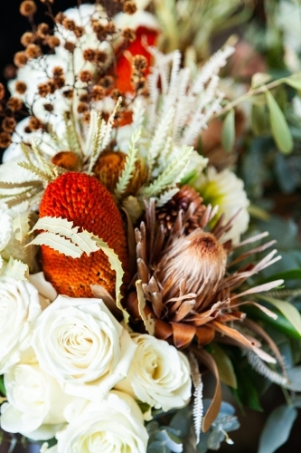 Close up of floral arrangement for bridesmaid wedding bouquet