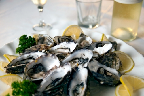 Close up of fresh oysters on a plate in a restaurant - Australian Stock Image