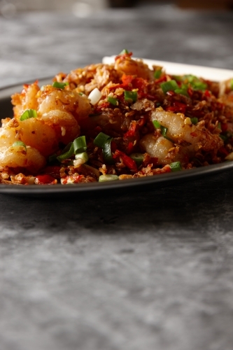 Close up of prawn stir fry dish - Australian Stock Image
