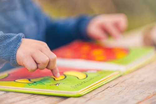 Close up of small child's hands pointing at details in picture book - Australian Stock Image