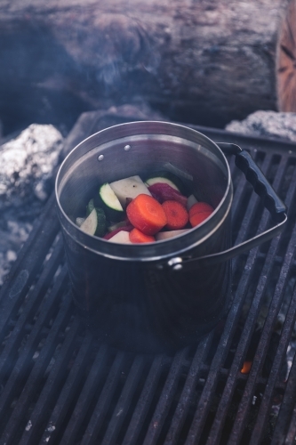 Close up of vegetables cooking in steel pot on the grill on a smoking campfire