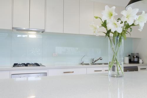 Close up of white flowers in contemporary what kitchen