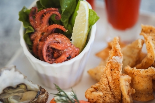 Close up selection of seafood platter featuring squid and oysters - Australian Stock Image