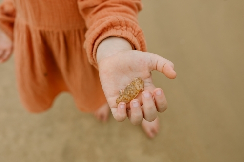 Close up shot of a small crab in the palm of a child wearing an  orange dress - Australian Stock Image