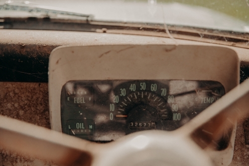 Close up shot of a vintage speedometer