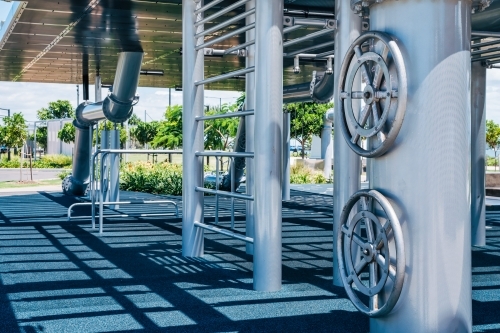 Close up shot of bicycle parking with metallics - Australian Stock Image