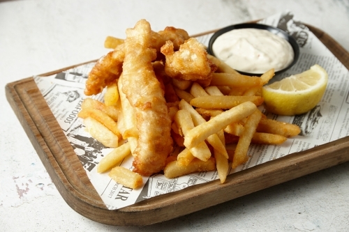 Close up shot of fish and chips - Australian Stock Image
