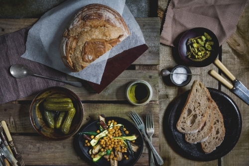 Close up shot of multiple breakfast dishes - Australian Stock Image