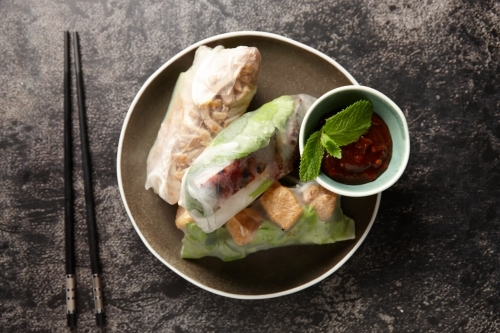 Close up shot of vietnamese fresh spring rolls - Australian Stock Image