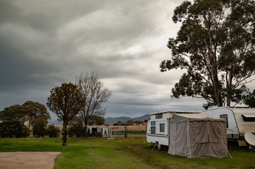 Clothes drying on makeshift washing line at caravan park - Australian Stock Image