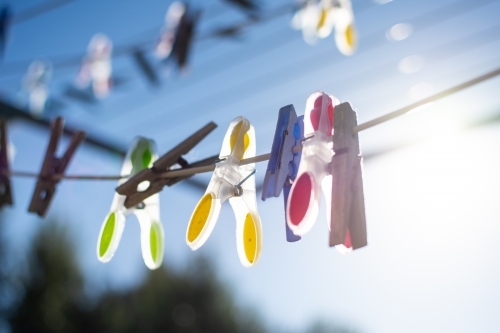 Clothesline Pegs hanging on a sunny morning