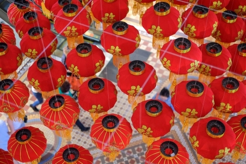 Cluster of red lanterns to celebrate Chinese New Year - Australian Stock Image