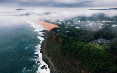 Coastal Aerial View with Fog Clouds