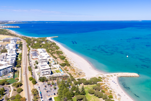 Coastline aerial of south fremantle beach and ocean front homes - Australian Stock Image