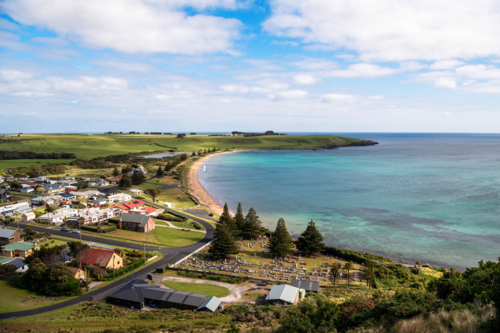 Coastline with beaches and grassy fields - Australian Stock Image