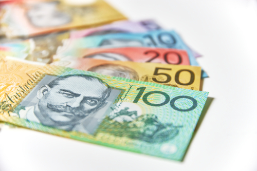 Collection of Australian banknotes arranged according to their denomination - Australian Stock Image