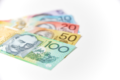 Collection of Australian banknotes arranged according to their value - Australian Stock Image