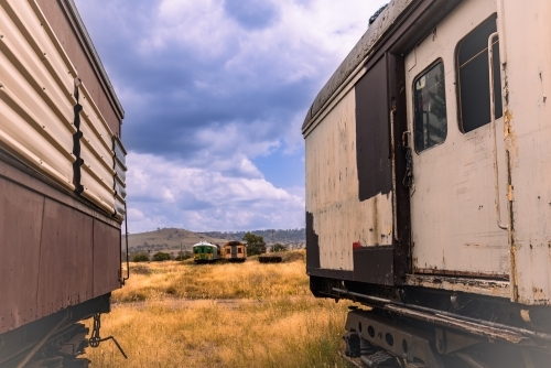 Collection of historic train carriages on display at the historic Merriwa Railway Station - Australian Stock Image