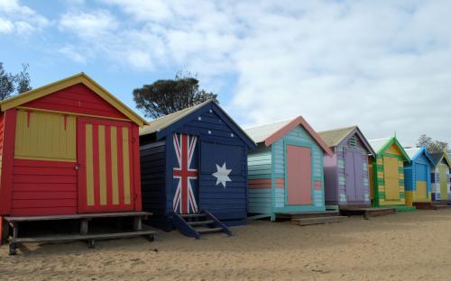 Colourful bathing boxes at Dendy Street Beach - Australian Stock Image