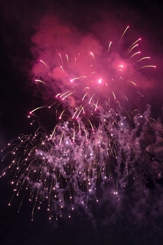 Colourful fireworks display in sky at night - Australian Stock Image