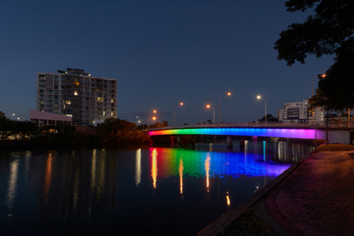 Colourful lit up bridge dawn twilight - Australian Stock Image