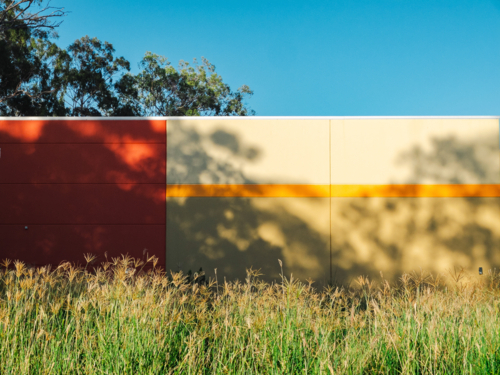 Colourful modern wall with grass and tree shadows - Australian Stock Image