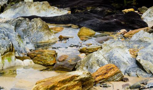 Colourful rocks and corals around a rock pool - Australian Stock Image