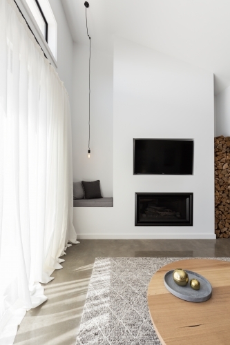 Contemporary interior of sheer cutains in a luxury living room - Australian Stock Image