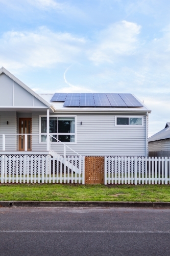 Copy space over solar panels on an Australian house in Hunter valley NSW - Australian Stock Image