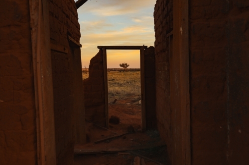 Country scene with lone tree in field framed by ruins of abandoned mud brick house at sunset - Australian Stock Image