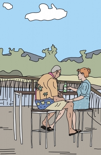 Couple having quiet drink and conversation at table on deck overlooking river - Australian Stock Image