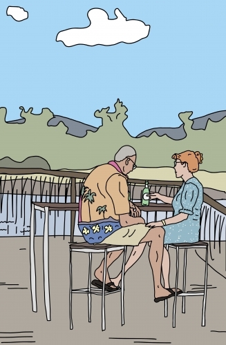 Couple having quiet drink and conversation at table on deck overlooking river